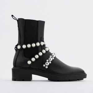 ZARA PEARL STRAP LOW HEELED LEATHER ANKLE BOOTS